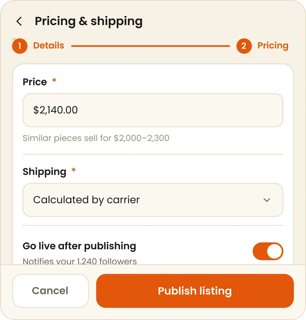 Pricing and shipping screen ready to publish
