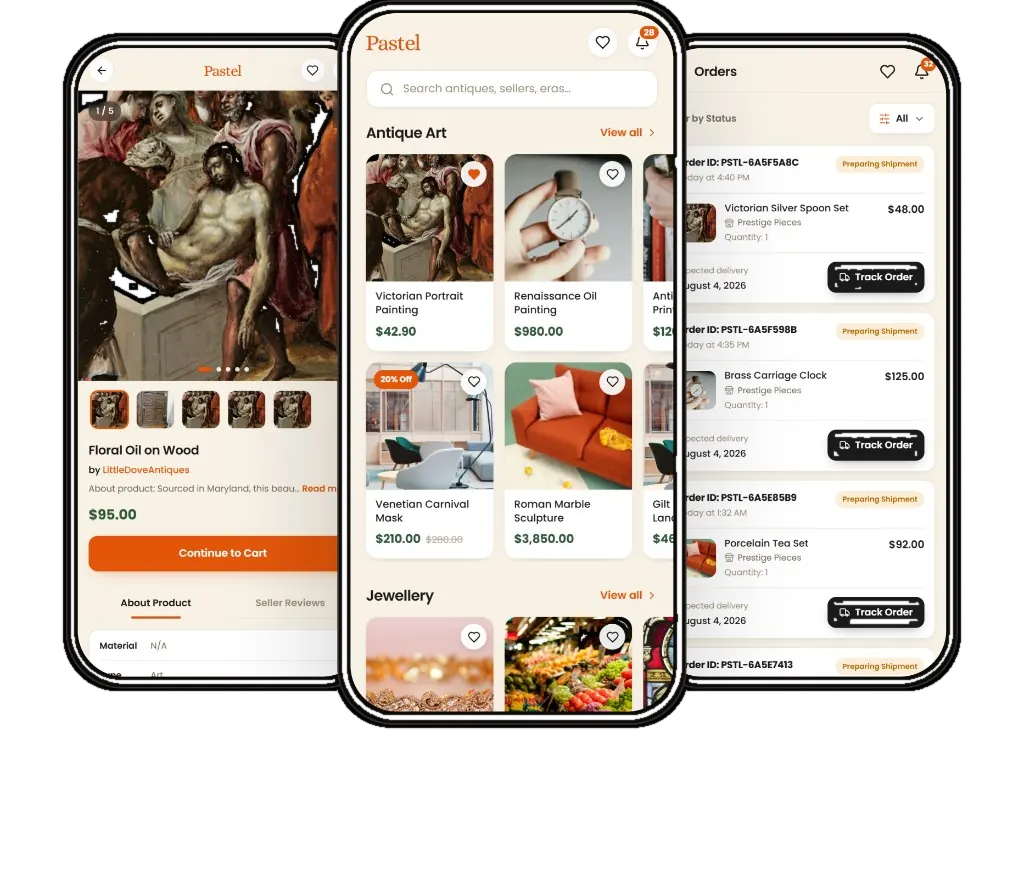 Pastel app screens showing product detail, marketplace home, and orders