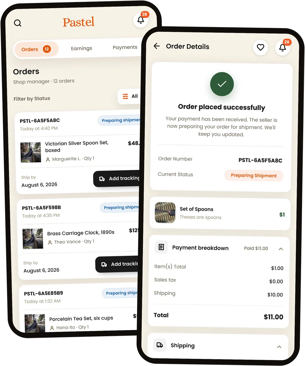 Pastel seller tools: manage orders, add tracking, and print shipping labels from the app